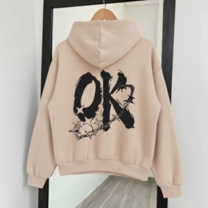 Beige Fleece Hoodie – Black OK Graphic Back Print with Barbed Wire & Star Design