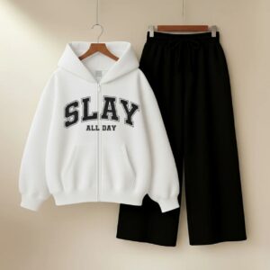 White Zip-Up Hoodie & Trouser Set – SLAY ALL DAY Graphic Print Tracksuit