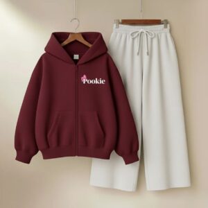 Maroon Pookie Hoodie & White Wide-Leg Trouser Set – Zip-Up Casual Tracksuit