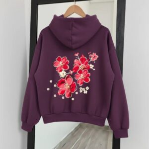 Maroon Plum Oversized Hoodie – Red Cherry Blossom Sakura Floral Back Print