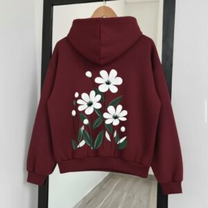 Maroon Hoodie – White Floral & Green Leaf Graphic Back Print