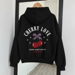 Black Graphic Hoodie – Pixel Cherry Love Print with Purple Bow Back Design