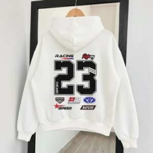 white graphic hoodie featuring a bold racing-inspired "23" print on the back.