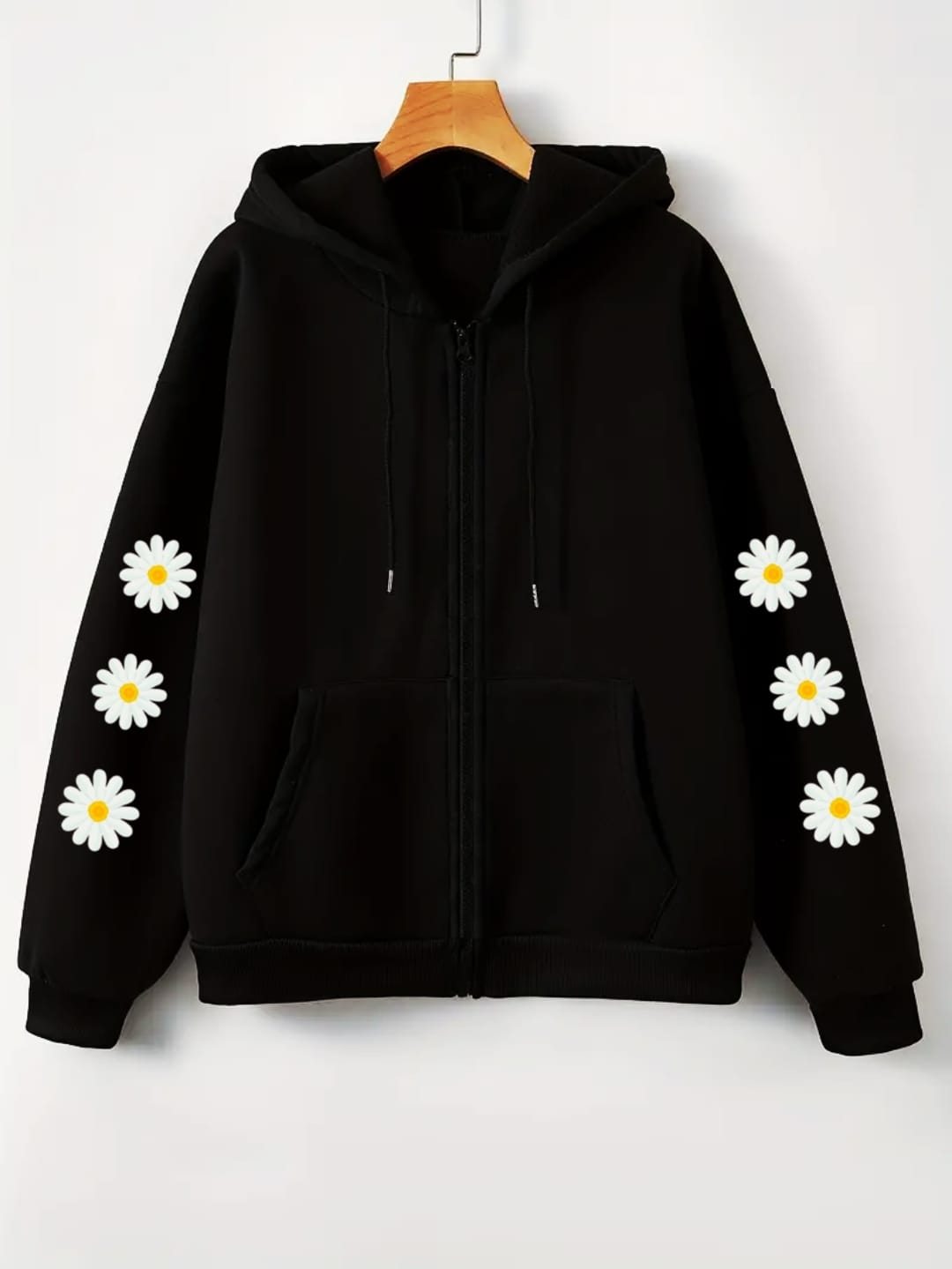 Black fleece zip-up hoodie featuring white daisy flower prints along both sleeves