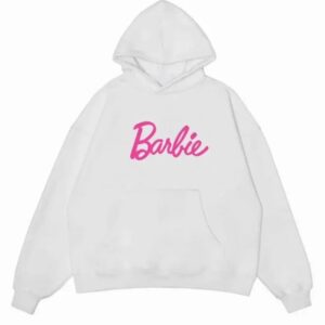 White Fleece Pullover Hoodie with Pink Barbie Logo Print