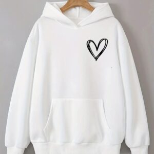 White Fleece Hoodie with Black Outline Heart Print – Kangaroo Pocket