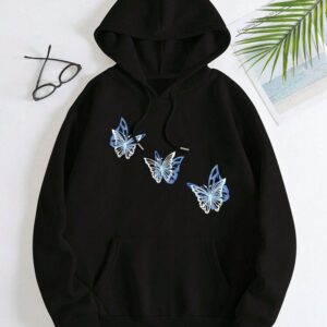Black Butterfly Print Hoodie for Women | Blue & White Graphic Casual Sweatshirt