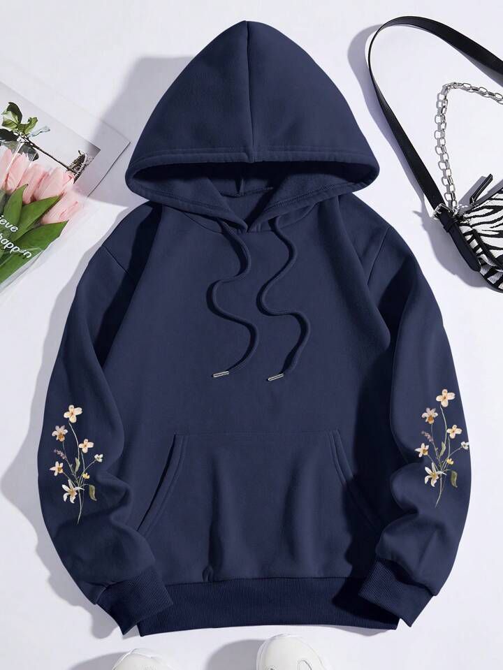 Navy Blue Floral Print Hoodie for Women & Men | Vintage Wildflower Graphic Sweatshirt - Image 4