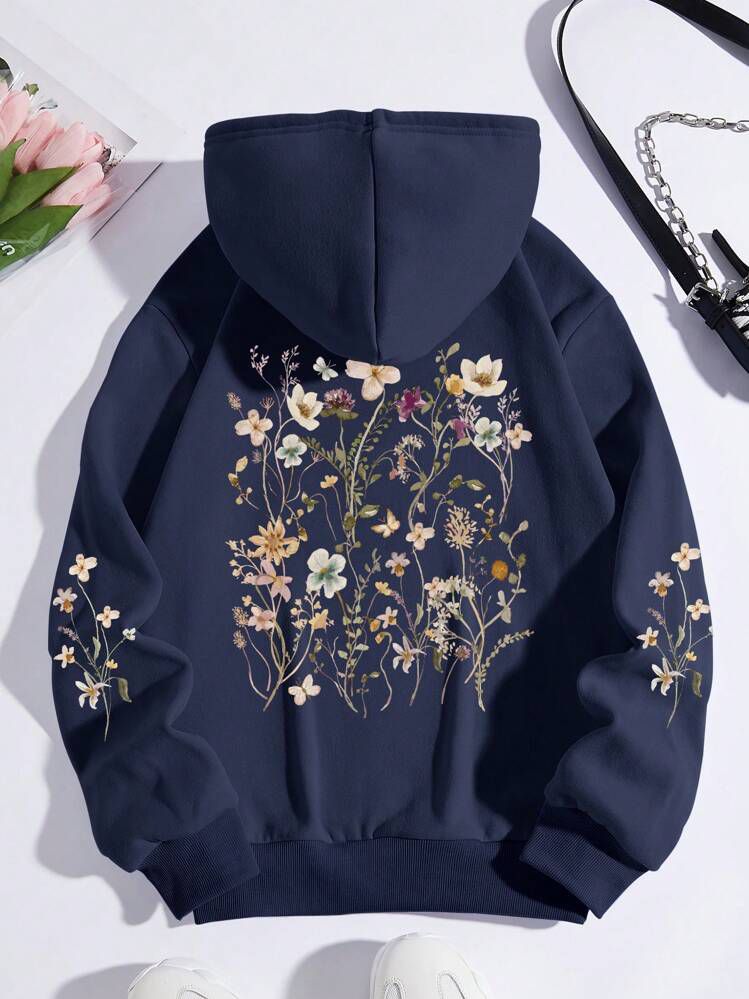 Navy Blue Floral Print Hoodie for Women & Men | Vintage Wildflower Graphic Sweatshirt - Image 2