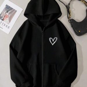 Women’s Black Heart Print Zip-Up Hoodie | Fleece Sweatshirt with Pockets