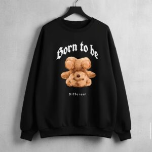Black women's crewneck sweatshirt with an upside-down teddy bear and Born to be Different text graphic