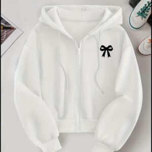 Women's zip-up hoodie featuring a small minimalist white bow print on the chest.