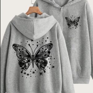 Y2K-style zipper hoodie with a white butterfly and stars back print and a small matching butterfly on the chest.