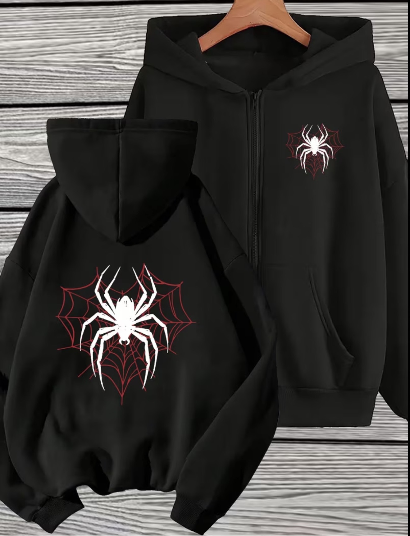 Y2K-style full-zip hoodie featuring a black spider and red spiderweb graphic on the back and a smaller matching chest print.