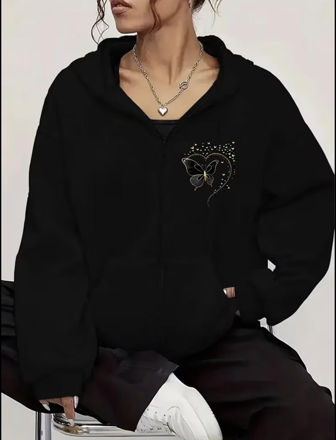 Black Butterfly Zipper Hoodie | Gold Heart Print – Fashion Vault - Image 3