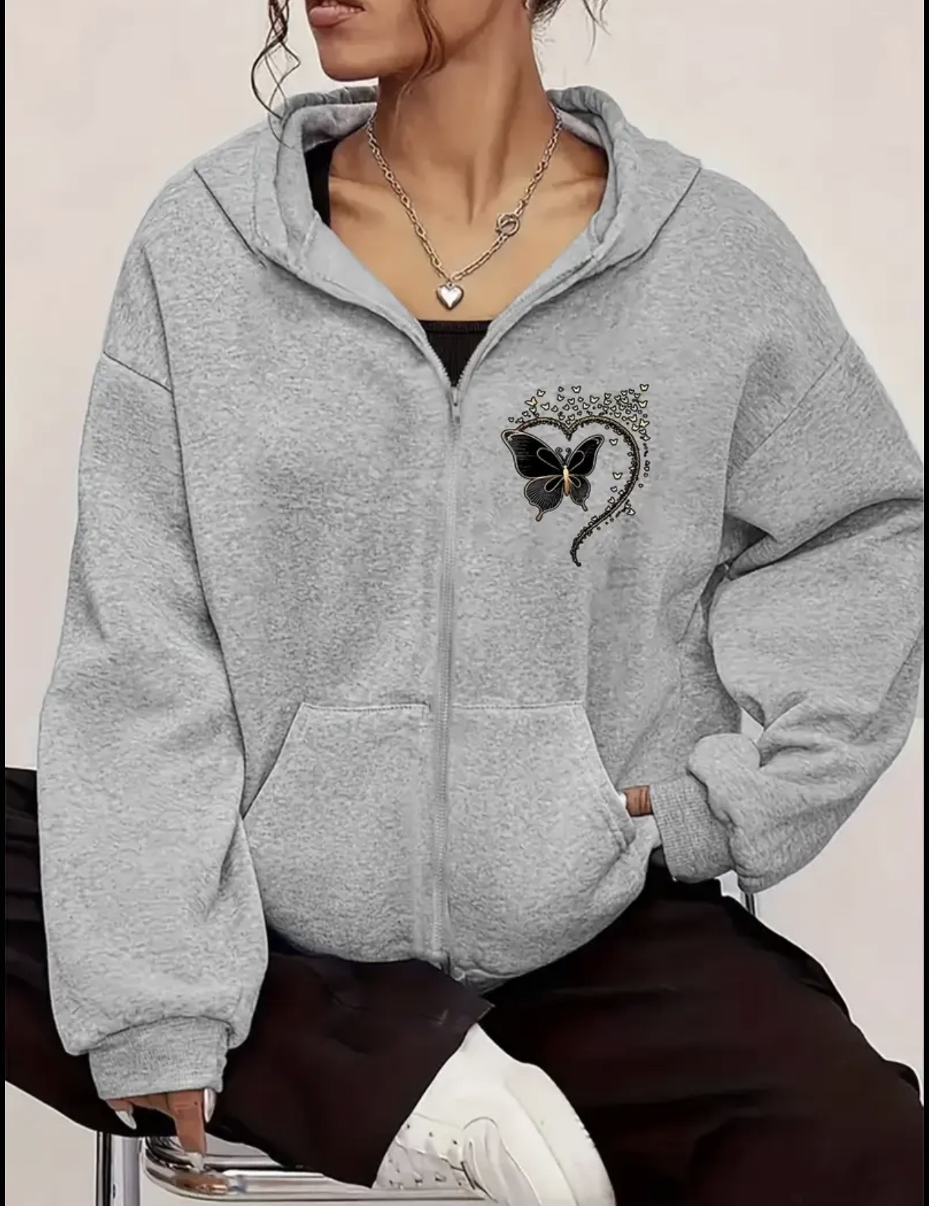 Black Butterfly Zipper Hoodie | Gold Heart Print – Fashion Vault - Image 4
