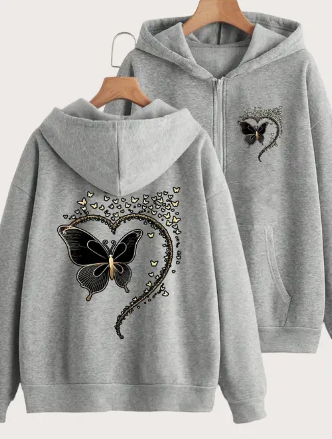 Black Butterfly Zipper Hoodie | Gold Heart Print – Fashion Vault - Image 5