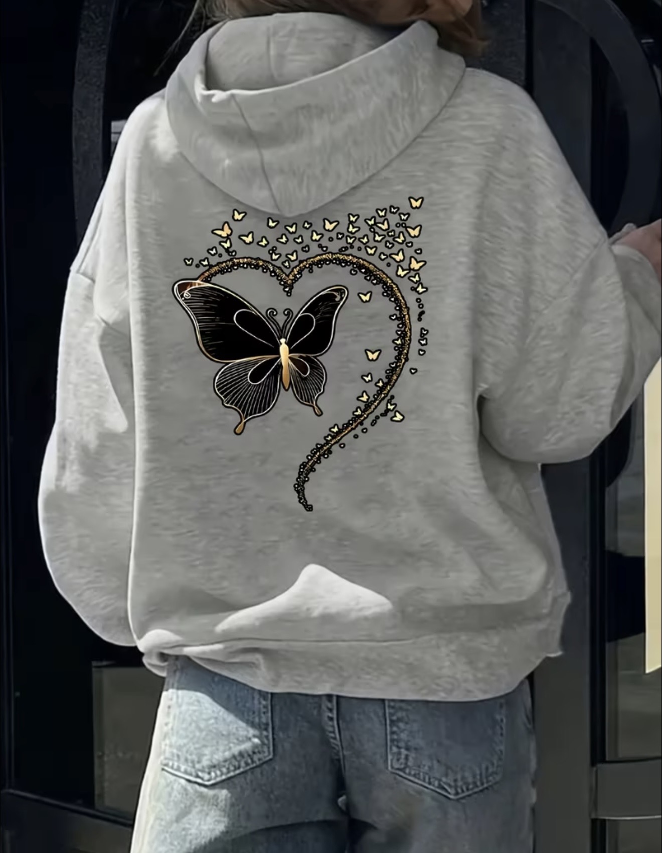 Black Butterfly Zipper Hoodie | Gold Heart Print – Fashion Vault - Image 6