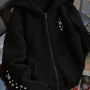 Zip-up hoodie featuring a white star and constellation-style graphic on the right chest and extending across the right sleeve.
