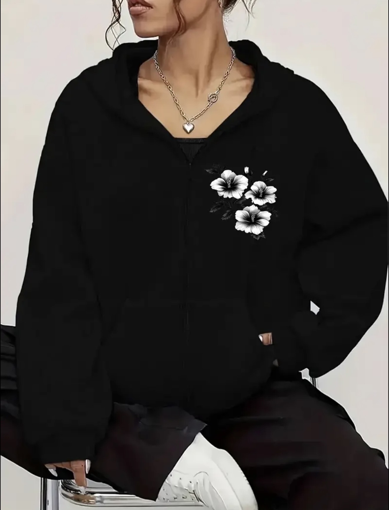 Floral Print Zipper Hoodie in Pakistan | Fashion Vault - Image 3