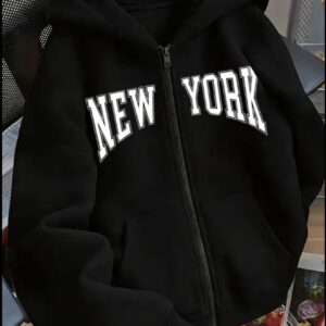 Zip-up hoodie featuring bold black collegiate-style NEW YORK lettering across the chest.
