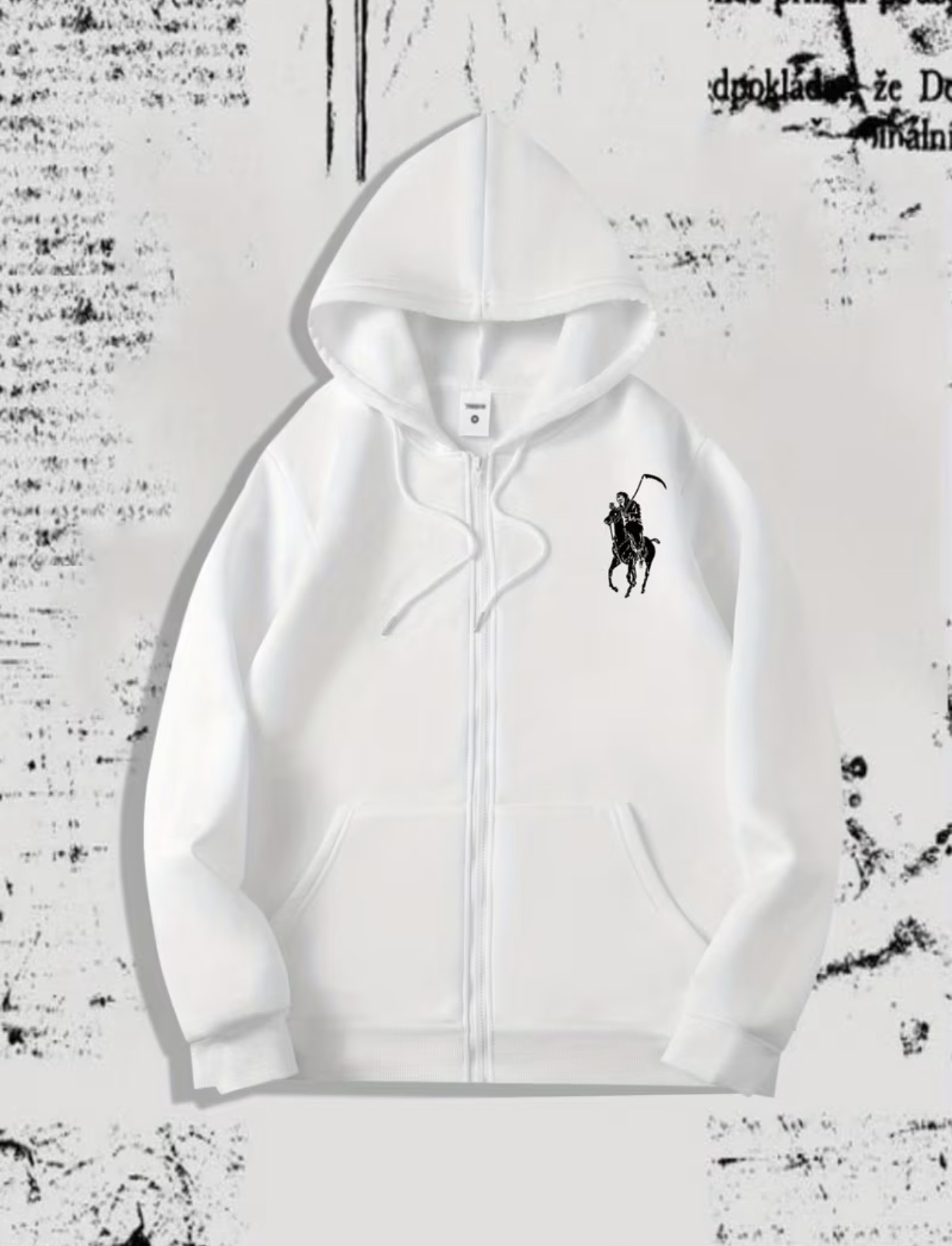 Black zip-up hoodie with a white embroidered grim reaper or knight riding a horse graphic on the chest.