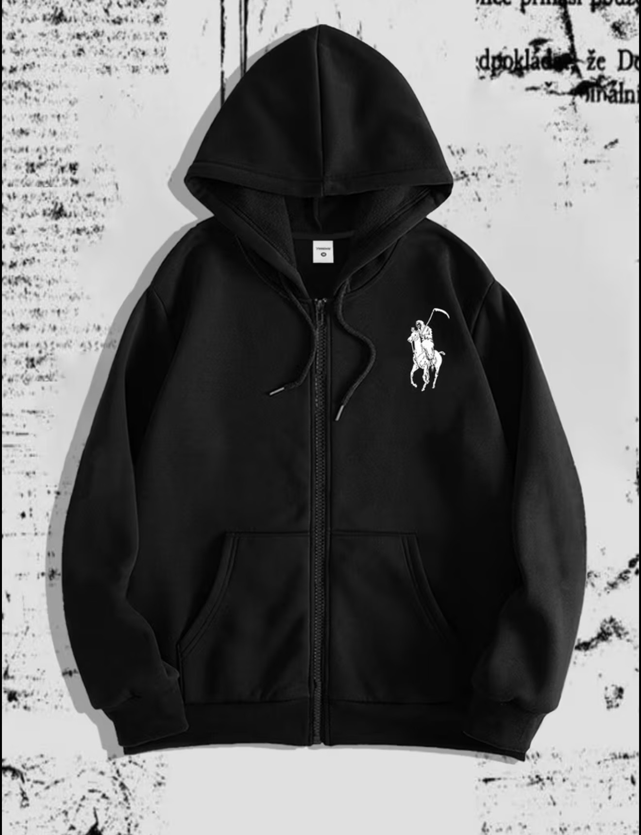 Black zip-up hoodie with a white embroidered grim reaper or knight riding a horse graphic on the chest.