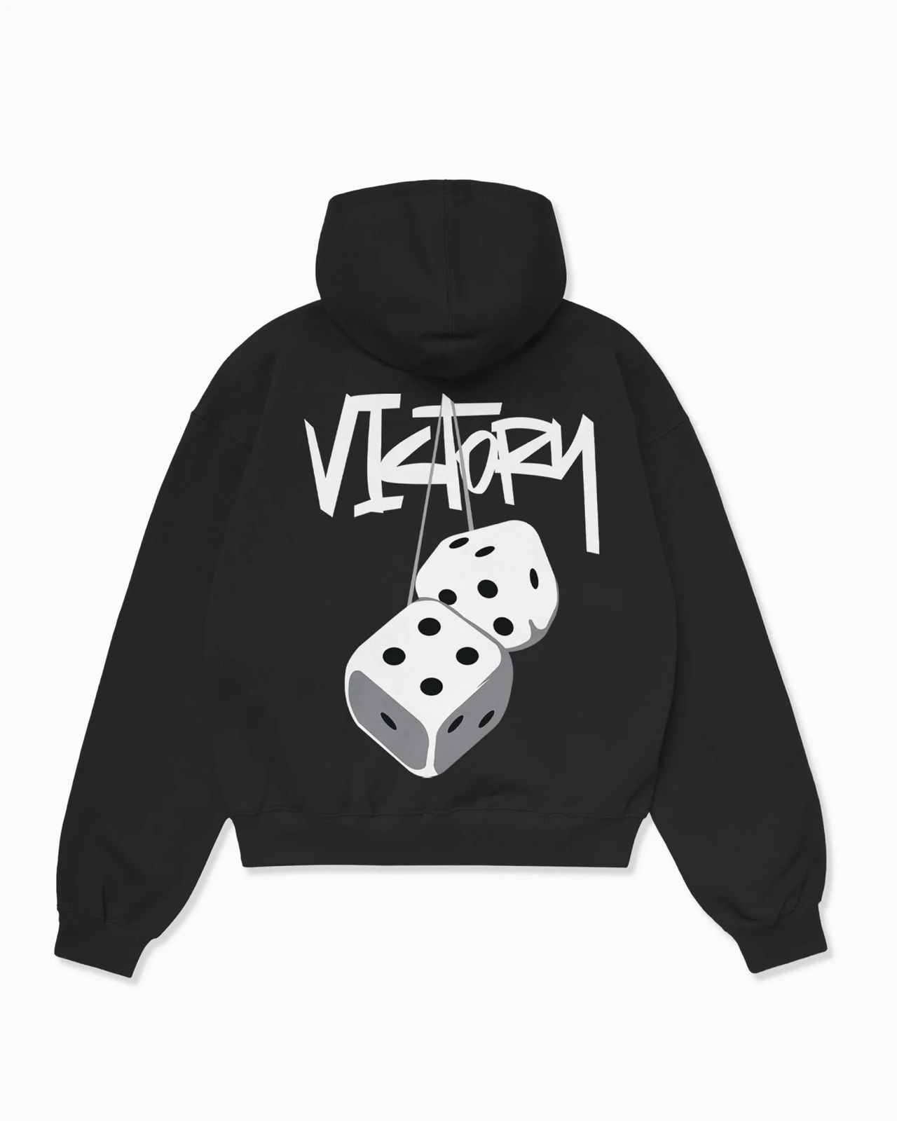 Black pullover hoodie with white graffiti-style Victory lettering and two hanging dice graphic on the back.