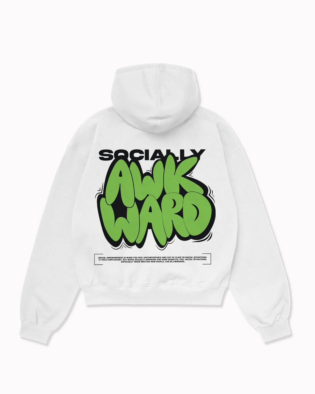 White streetwear hoodie featuring a large green graffiti-style Socially Awkward graphic on the back.