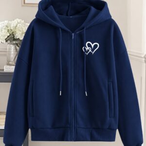 Women's zip-up hoodie with a small black heart-line graphic on the left chest, front pockets, and a drawstring hood.