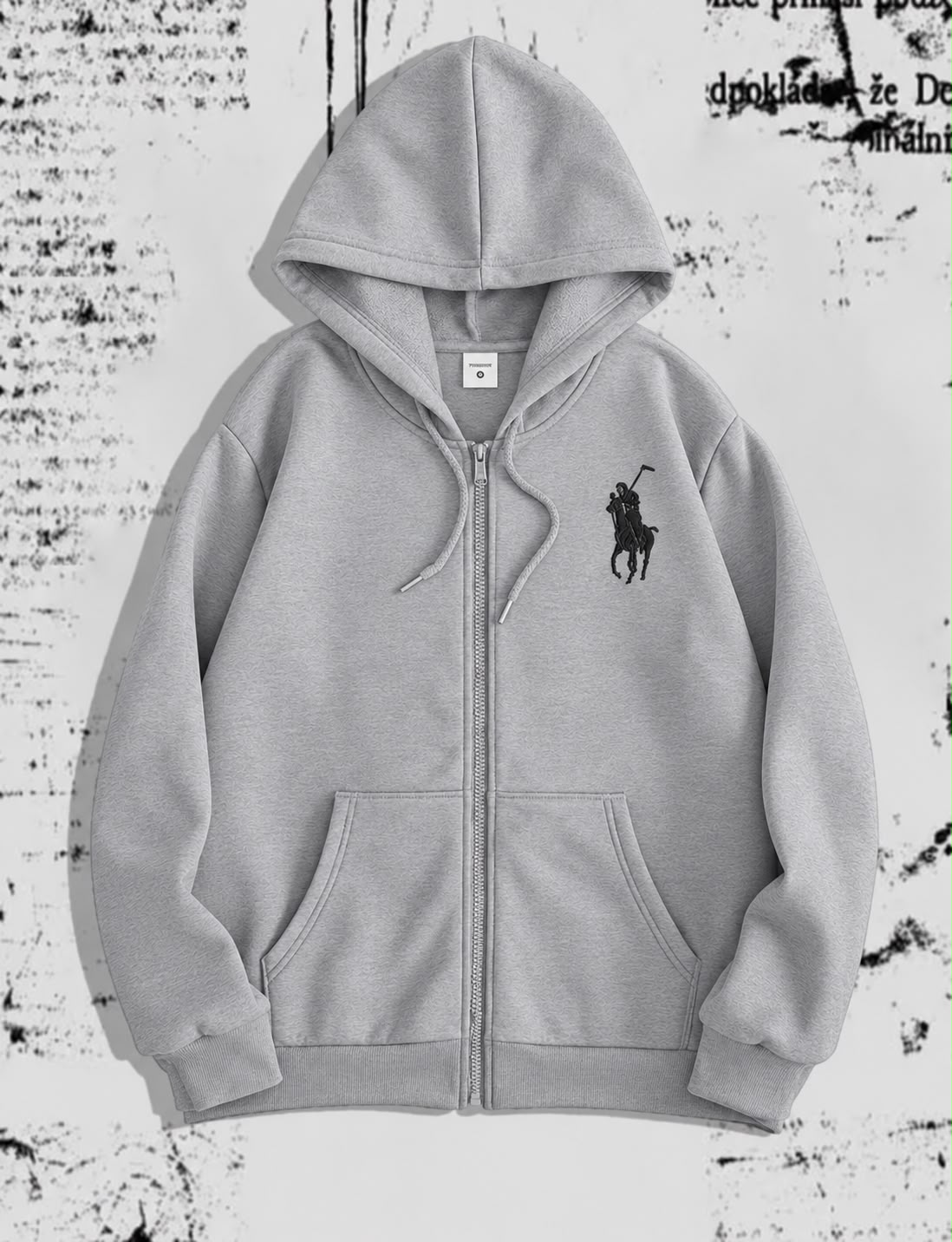 Black zip-up hoodie with a white embroidered grim reaper or knight riding a horse graphic on the chest.