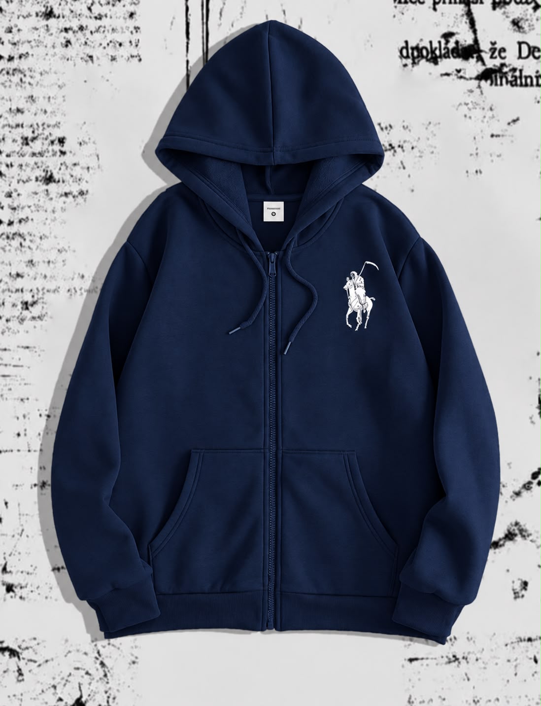 Black zip-up hoodie with a white embroidered grim reaper or knight riding a horse graphic on the chest.