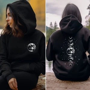 Women's Black Moon Phase Hoodie | Celestial Star Graphic