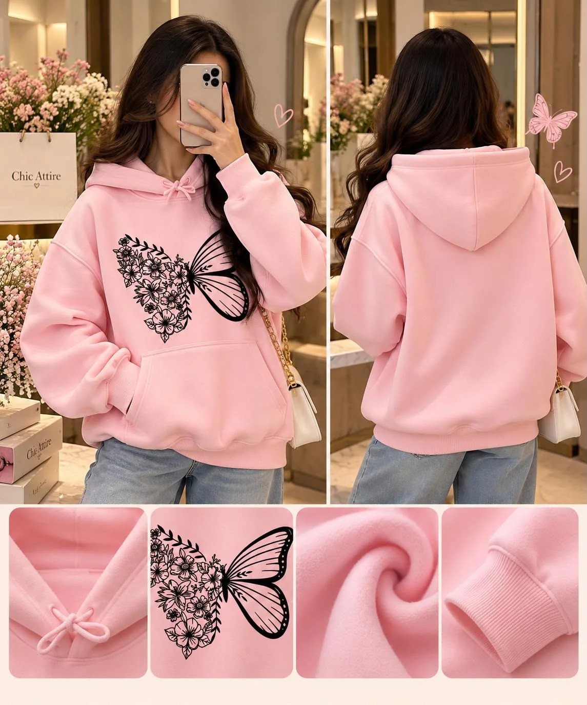 Baby pink women's pullover hoodie with black floral butterfly graphic, drawstring hood, and kangaroo pocket
