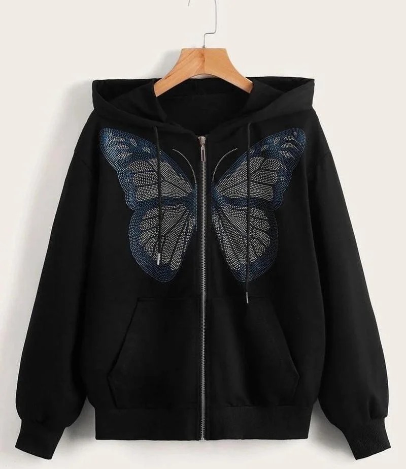 Black women's zipper hoodie with blue and silver rhinestone-style butterfly graphic