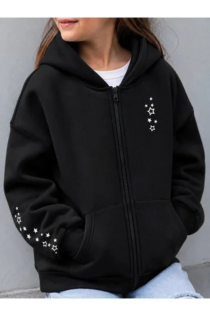 Zip-up hoodie featuring a white star and constellation-style graphic on the right chest and extending across the right sleeve.