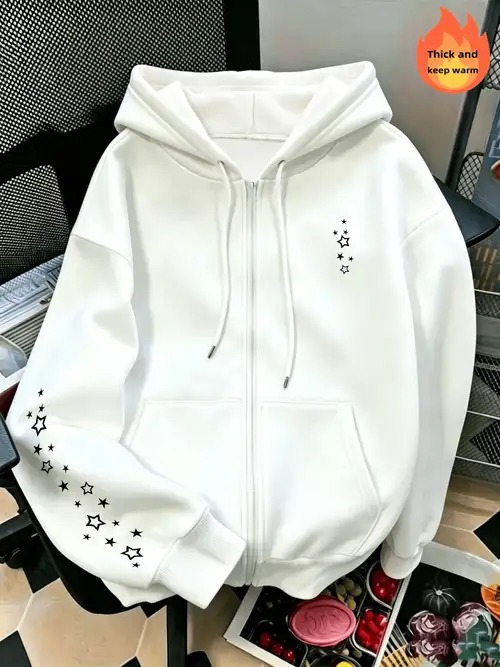 Zip-up hoodie featuring a white star and constellation-style graphic on the right chest and extending across the right sleeve.