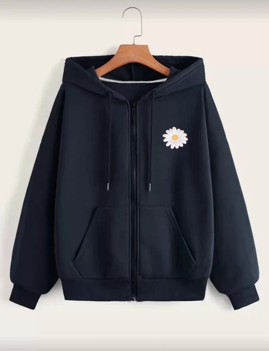 Black fleece zip-up hoodie with a white daisy flower print on the left chest