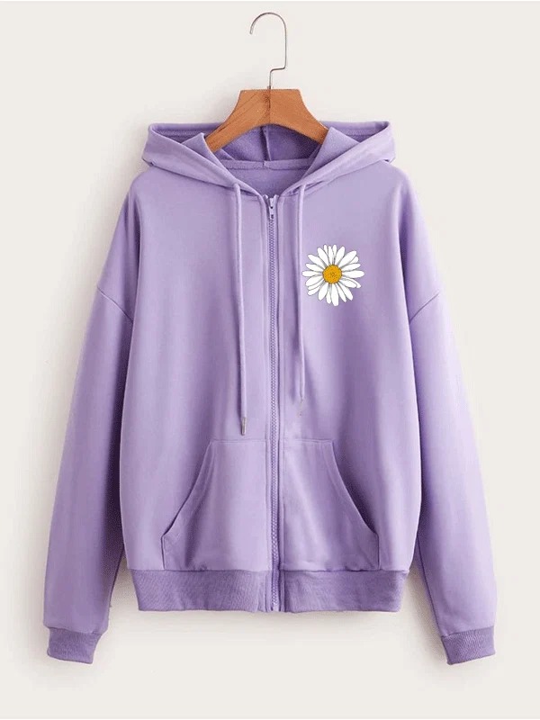 Black fleece zip-up hoodie with a white daisy flower print on the left chest